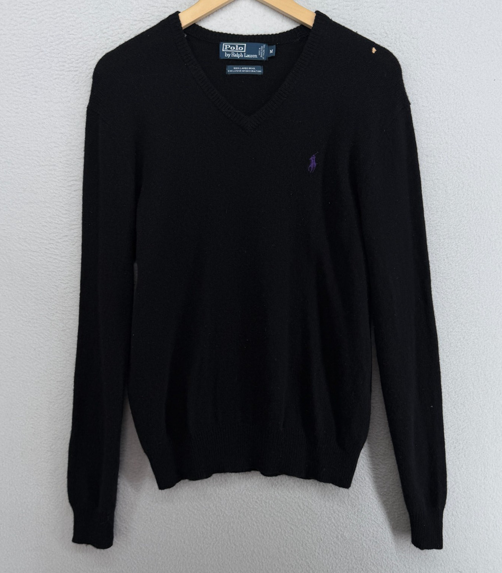 POLO RALPH LAUREN Sweater Mens M 100% Lambswool Jumper V-Neck Pullover Black